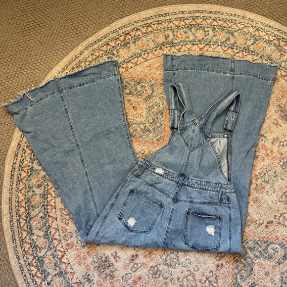 Wisteria Lane Super Wide Leg Denim Distressed Overalls — Size Medium - Picture 6 of 8